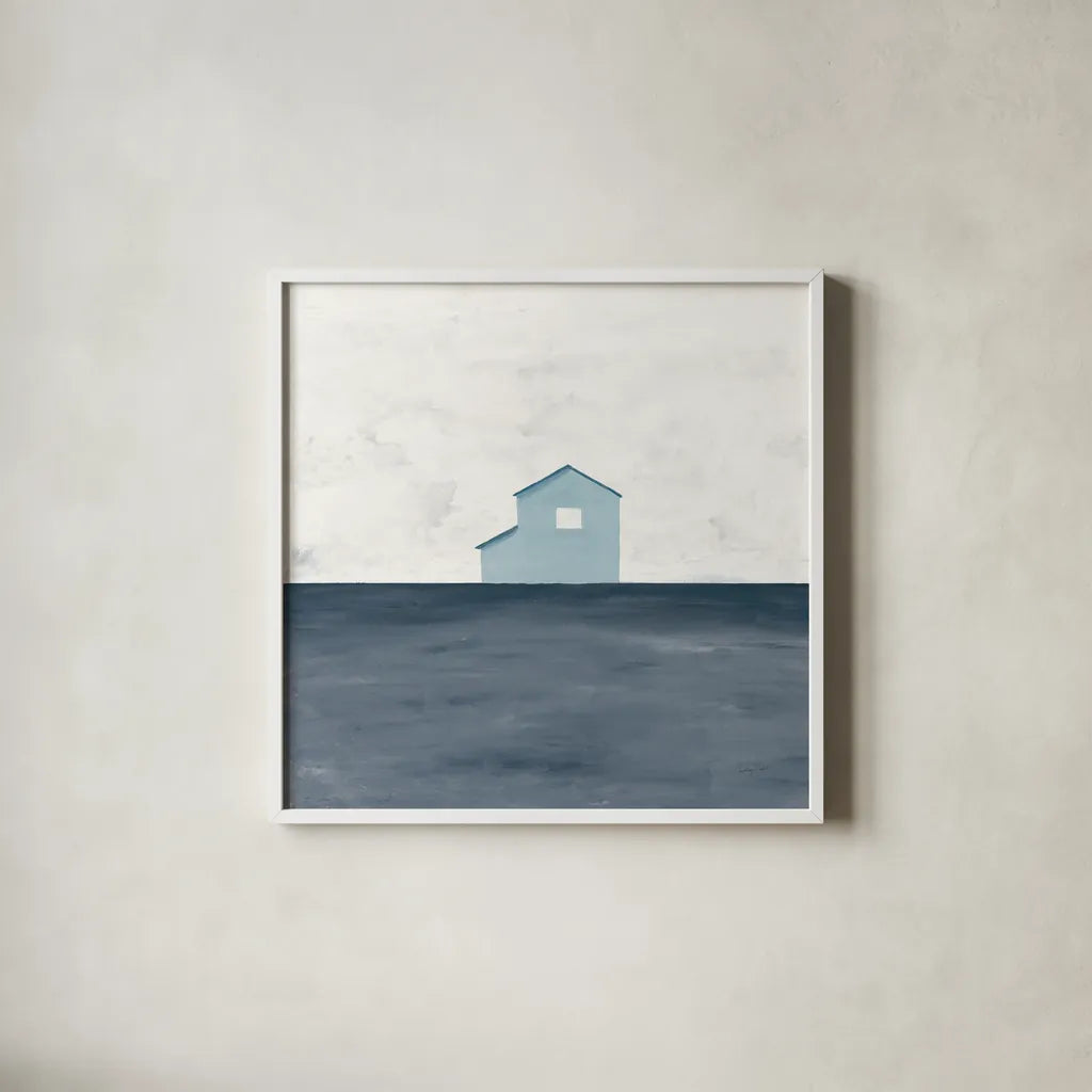 Rural Simplicity IV Blue by Courtney Prahl. Shown in a crisp white glass frame for a clean and minimalist style. Available as an archival giclee rolled canvas, fine art paper, or poster print. SKU 80507a.