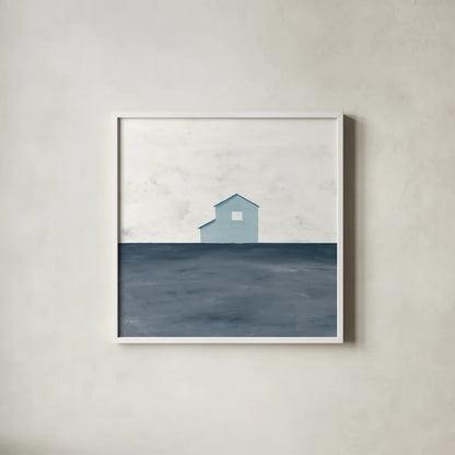 Rural Simplicity IV Blue by Courtney Prahl. Shown in a crisp white glass frame for a clean and minimalist style. Available as an archival giclee rolled canvas, fine art paper, or poster print. SKU 80507a.