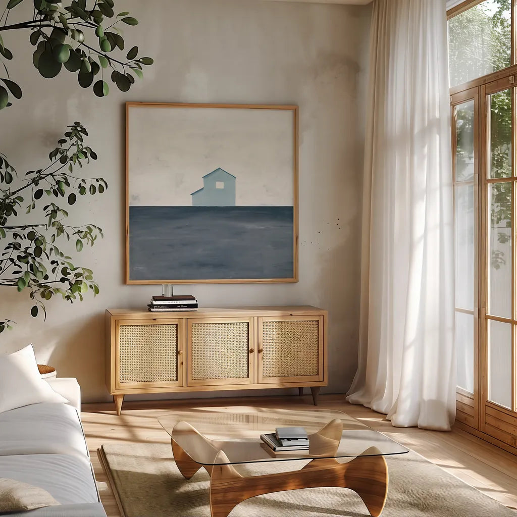 Rural Simplicity IV Blue by Courtney Prahl. Shown in a natural wood frame in a cozy modern living room. Available as an archival giclee rolled canvas, fine art paper, or poster print. SKU 80507a.