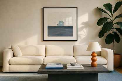 Rural Simplicity IV Blue by Courtney Prahl. Displayed in a glass frame with matte in a clean modern living room. Available as an archival giclee rolled canvas, fine art paper, or poster print. SKU 80507a.