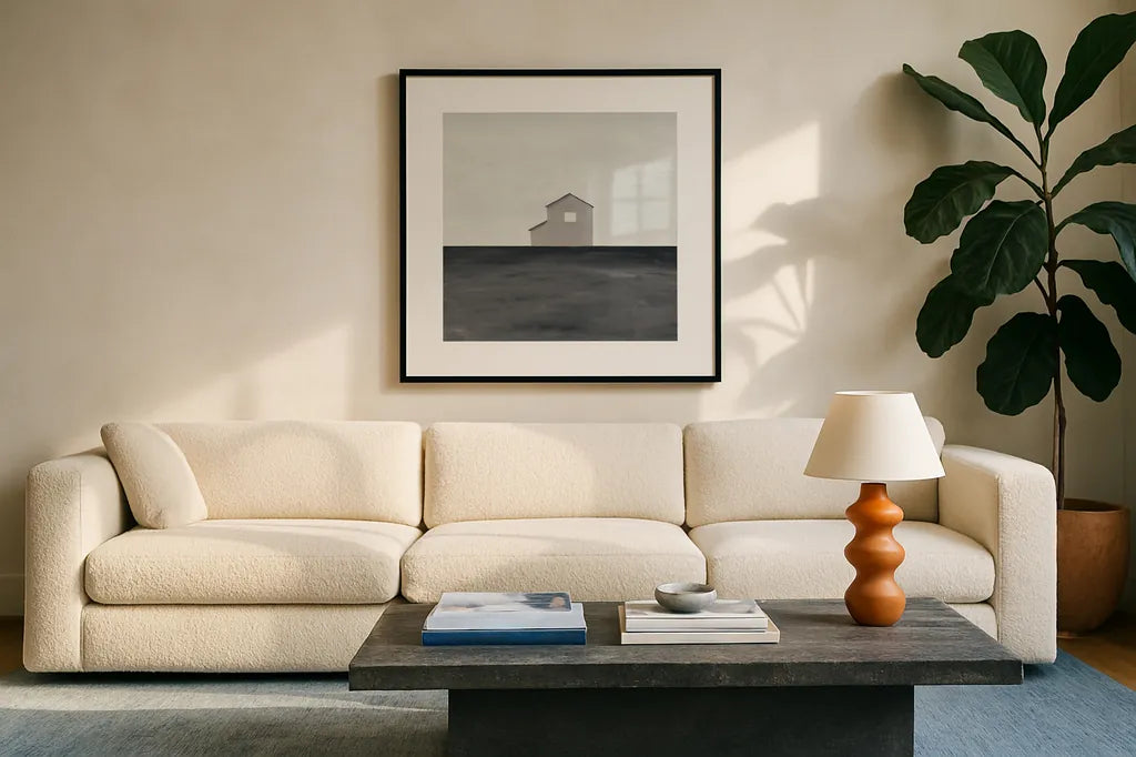 Rural Simplicity IV Neutral by Courtney Prahl. Displayed in a glass frame with matte in a clean modern living room. Available as an archival giclee rolled canvas, fine art paper, or poster print. SKU 80509a.