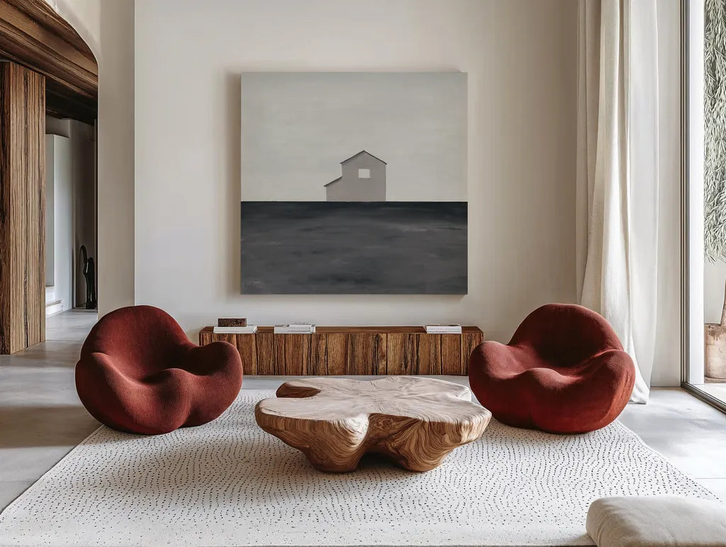 Rural Simplicity IV Neutral by Courtney Prahl. Shown as extra-large giant wall art in a modern living room. Available as an archival giclee rolled canvas, fine art paper, or poster print. SKU 80509a.