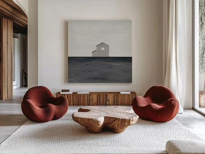 Rural Simplicity IV Neutral by Courtney Prahl. Shown as extra-large giant wall art in a modern living room. Available as an archival giclee rolled canvas, fine art paper, or poster print. SKU 80509a.
