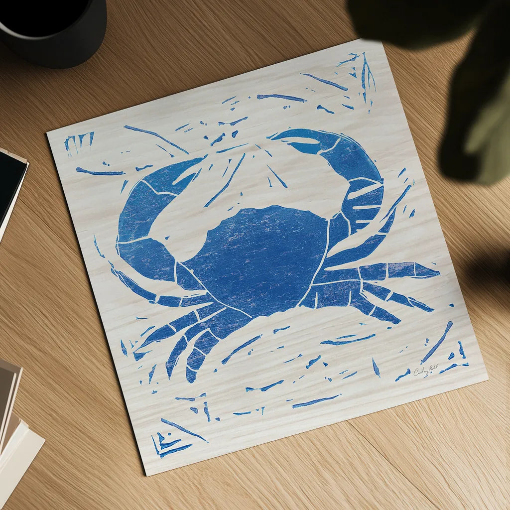 Sea Creature Crab Blue by Courtney Prahl. Shown as a detailed flat fine art print, highlighting archival giclee quality. Available as an archival giclee rolled canvas, fine art paper, or poster print. SKU 21278a.