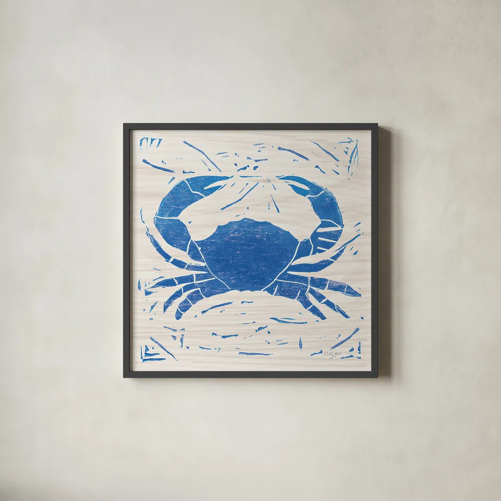 Sea Creature Crab Blue by Courtney Prahl. Shown in a sleek black glass frame for a contemporary gallery look. Available as an archival giclee rolled canvas, fine art paper, or poster print. SKU 21278a.
