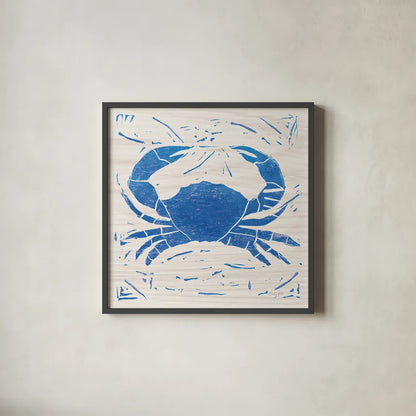 Sea Creature Crab Blue by Courtney Prahl. Shown in a sleek black glass frame for a contemporary gallery look. Available as an archival giclee rolled canvas, fine art paper, or poster print. SKU 21278a.