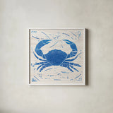 Sea Creature Crab Blue by Courtney Prahl. Shown in a crisp white glass frame for a clean and minimalist style. Available as an archival giclee rolled canvas, fine art paper, or poster print. SKU 21278a.