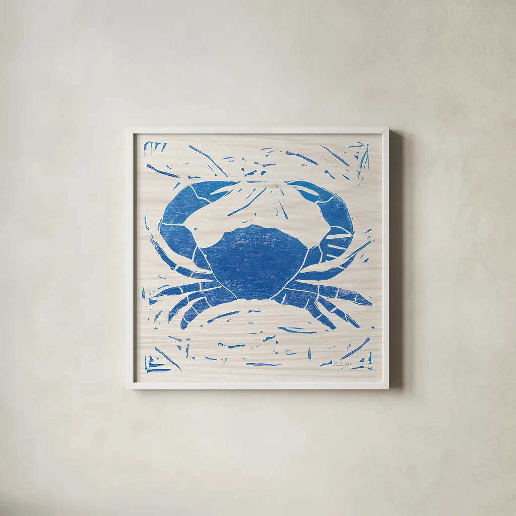 Sea Creature Crab Blue by Courtney Prahl. Shown in a crisp white glass frame for a clean and minimalist style. Available as an archival giclee rolled canvas, fine art paper, or poster print. SKU 21278a.