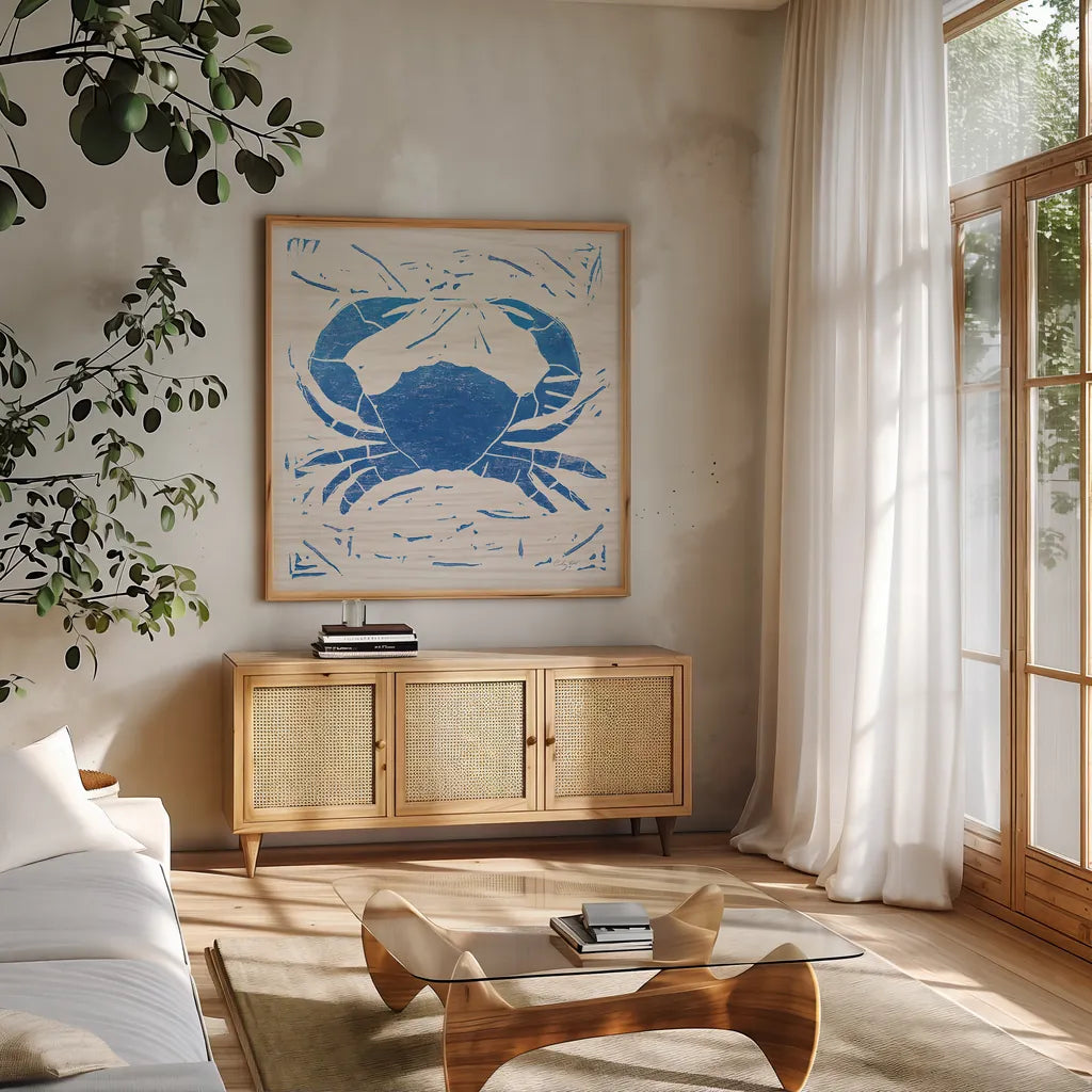 Sea Creature Crab Blue by Courtney Prahl. Shown in a natural wood frame in a cozy modern living room. Available as an archival giclee rolled canvas, fine art paper, or poster print. SKU 21278a.