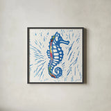 Sea Creature Seahorse Color Square by Courtney Prahl. Shown in a sleek black glass frame for a contemporary gallery look. Available as an archival giclee rolled canvas, fine art paper, or poster print. SKU 13927a.