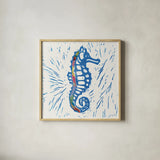Sea Creature Seahorse Color Square by Courtney Prahl. Shown in a natural wood glass frame for a timeless modern aesthetic. Available as an archival giclee rolled canvas, fine art paper, or poster print. SKU 13927a.