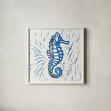 Sea Creature Seahorse Color Square by Courtney Prahl. Shown in a crisp white glass frame for a clean and minimalist style. Available as an archival giclee rolled canvas, fine art paper, or poster print. SKU 13927a.