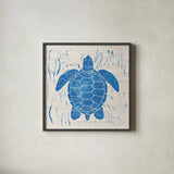 Sea Creature Turtle Blue by Courtney Prahl. Shown in a sleek black glass frame for a contemporary gallery look. Available as an archival giclee rolled canvas, fine art paper, or poster print. SKU 21276a.