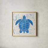 Sea Creature Turtle Blue by Courtney Prahl. Shown in a natural wood glass frame for a timeless modern aesthetic. Available as an archival giclee rolled canvas, fine art paper, or poster print. SKU 21276a.