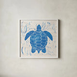 Sea Creature Turtle Blue by Courtney Prahl. Shown in a crisp white glass frame for a clean and minimalist style. Available as an archival giclee rolled canvas, fine art paper, or poster print. SKU 21276a.
