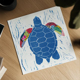 Sea Creature Turtle Color Square by Courtney Prahl. Shown as a detailed flat fine art print, highlighting archival giclee quality. Available as an archival giclee rolled canvas, fine art paper, or poster print. SKU 13926a.