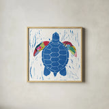 Sea Creature Turtle Color Square by Courtney Prahl. Shown in a natural wood glass frame for a timeless modern aesthetic. Available as an archival giclee rolled canvas, fine art paper, or poster print. SKU 13926a.