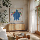 Sea Creature Turtle Color Square by Courtney Prahl. Shown in a natural wood frame in a cozy modern living room. Available as an archival giclee rolled canvas, fine art paper, or poster print. SKU 13926a.