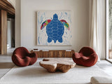 Sea Creature Turtle Color Square by Courtney Prahl. Shown as extra-large giant wall art in a modern living room. Available as an archival giclee rolled canvas, fine art paper, or poster print. SKU 13926a.