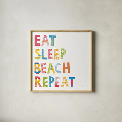 Sea Sand Sun I by Courtney Prahl. Shown in a natural wood glass frame for a timeless modern aesthetic. Available as an archival giclee rolled canvas, fine art paper, or poster print. SKU 58952a.