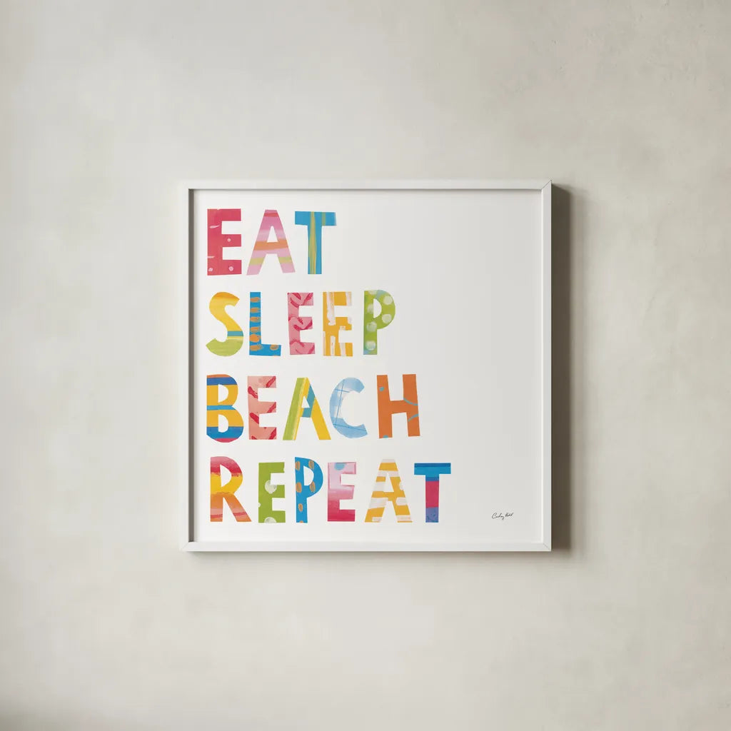 Sea Sand Sun I by Courtney Prahl. Shown in a crisp white glass frame for a clean and minimalist style. Available as an archival giclee rolled canvas, fine art paper, or poster print. SKU 58952a.