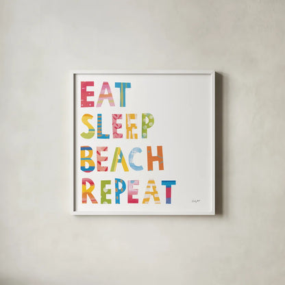 Sea Sand Sun I by Courtney Prahl. Shown in a crisp white glass frame for a clean and minimalist style. Available as an archival giclee rolled canvas, fine art paper, or poster print. SKU 58952a.