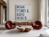 Sea Sand Sun II Blue by Courtney Prahl. Shown as extra-large giant wall art in a modern living room. Available as an archival giclee rolled canvas, fine art paper, or poster print. SKU 89042a.
