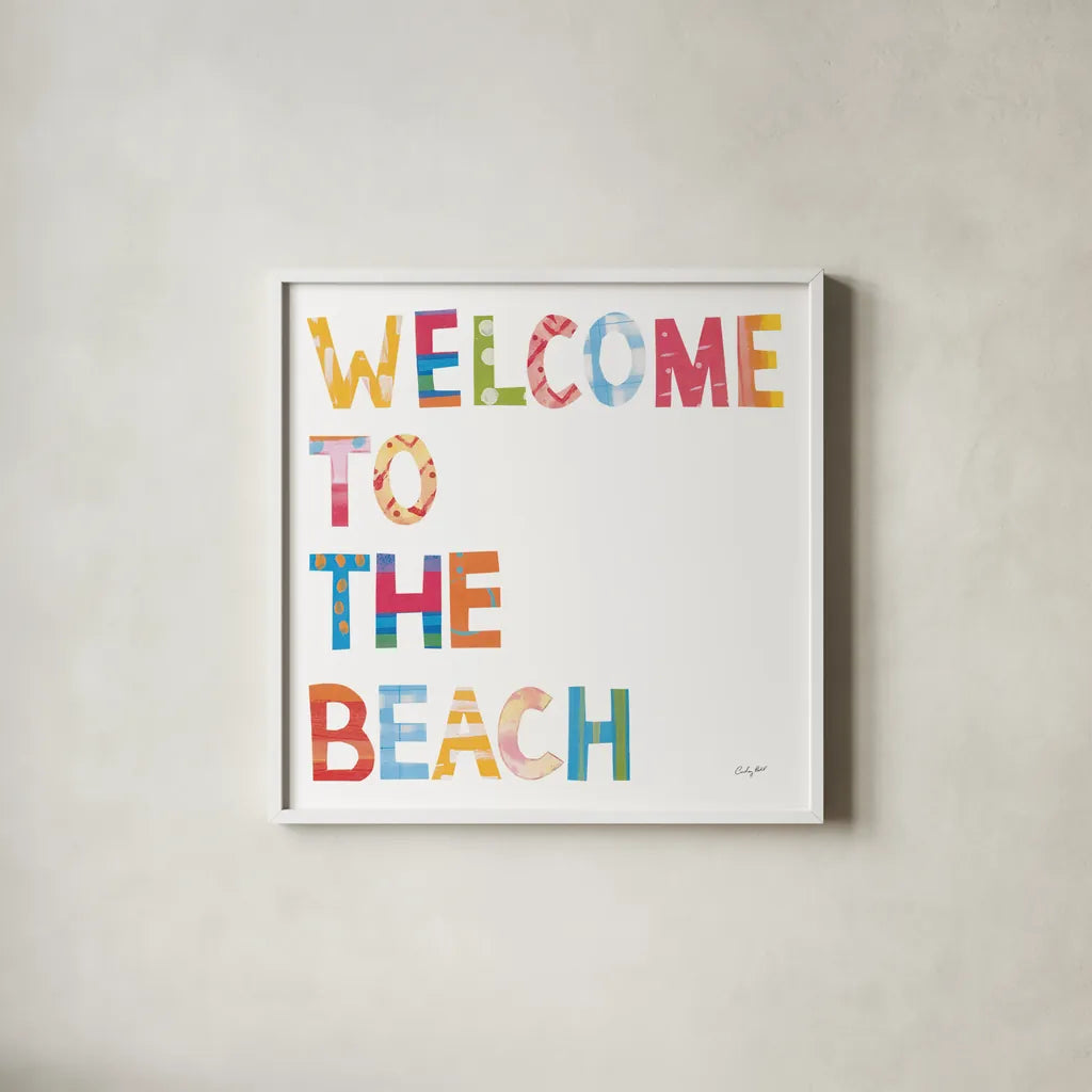 Sea Sand Sun III by Courtney Prahl. Shown in a crisp white glass frame for a clean and minimalist style. Available as an archival giclee rolled canvas, fine art paper, or poster print. SKU 58954a.