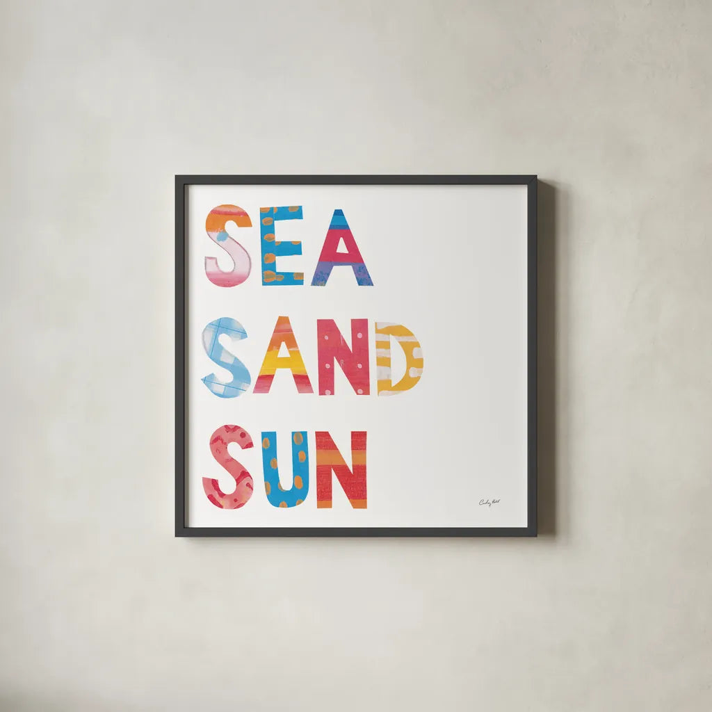 Sea Sand Sun IV by Courtney Prahl. Shown in a sleek black glass frame for a contemporary gallery look. Available as an archival giclee rolled canvas, fine art paper, or poster print. SKU 58955a.
