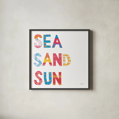 Sea Sand Sun IV by Courtney Prahl. Shown in a sleek black glass frame for a contemporary gallery look. Available as an archival giclee rolled canvas, fine art paper, or poster print. SKU 58955a.