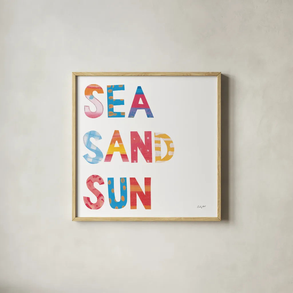 Sea Sand Sun IV by Courtney Prahl. Shown in a natural wood glass frame for a timeless modern aesthetic. Available as an archival giclee rolled canvas, fine art paper, or poster print. SKU 58955a.