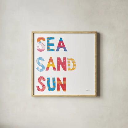 Sea Sand Sun IV by Courtney Prahl. Shown in a natural wood glass frame for a timeless modern aesthetic. Available as an archival giclee rolled canvas, fine art paper, or poster print. SKU 58955a.