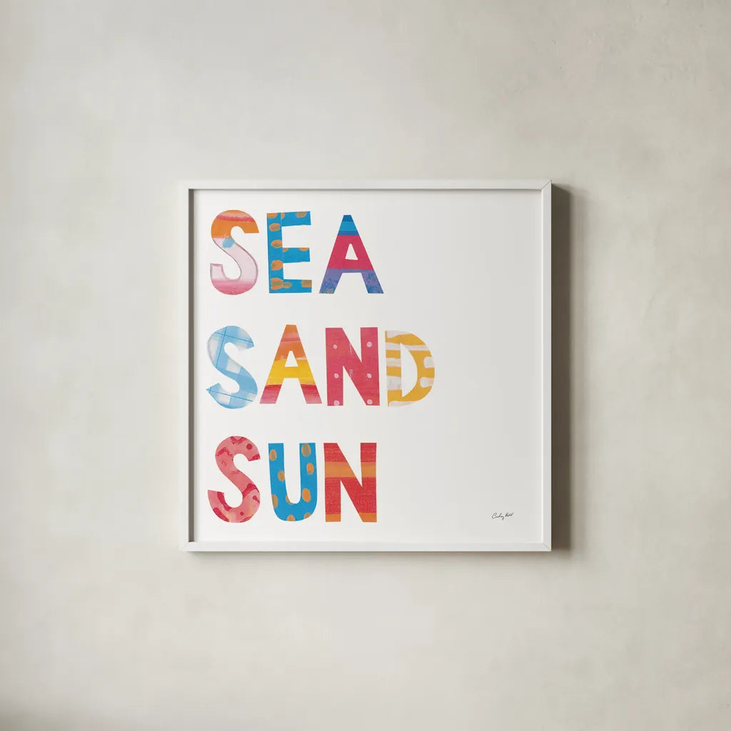 Sea Sand Sun IV by Courtney Prahl. Shown in a crisp white glass frame for a clean and minimalist style. Available as an archival giclee rolled canvas, fine art paper, or poster print. SKU 58955a.