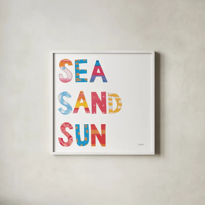 Sea Sand Sun IV by Courtney Prahl. Shown in a crisp white glass frame for a clean and minimalist style. Available as an archival giclee rolled canvas, fine art paper, or poster print. SKU 58955a.