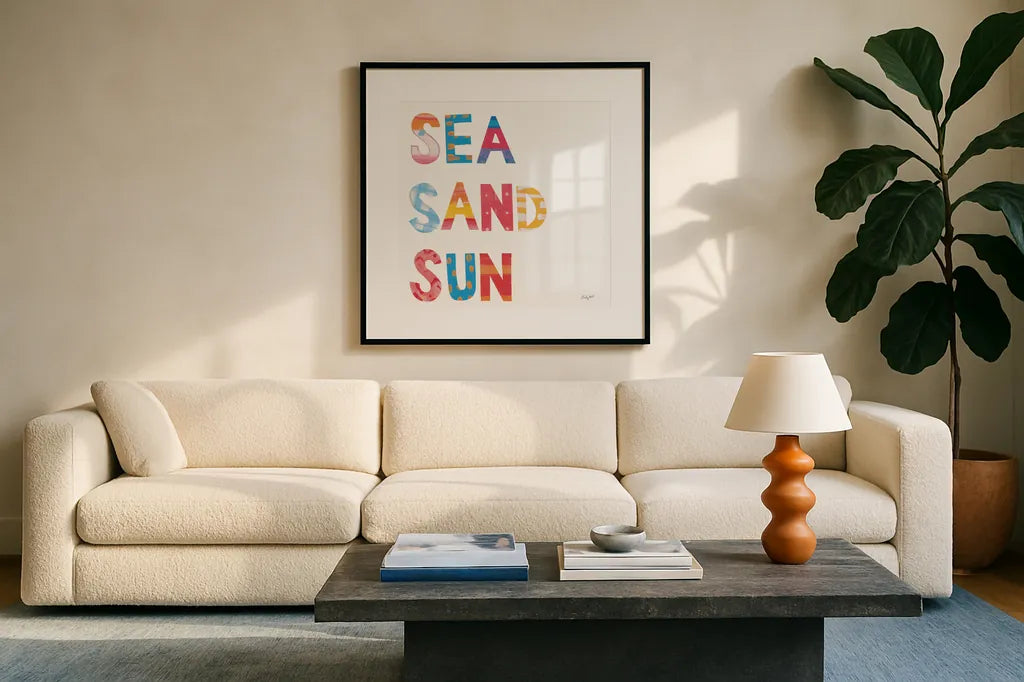 Sea Sand Sun IV by Courtney Prahl. Displayed in a glass frame with matte in a clean modern living room. Available as an archival giclee rolled canvas, fine art paper, or poster print. SKU 58955a.