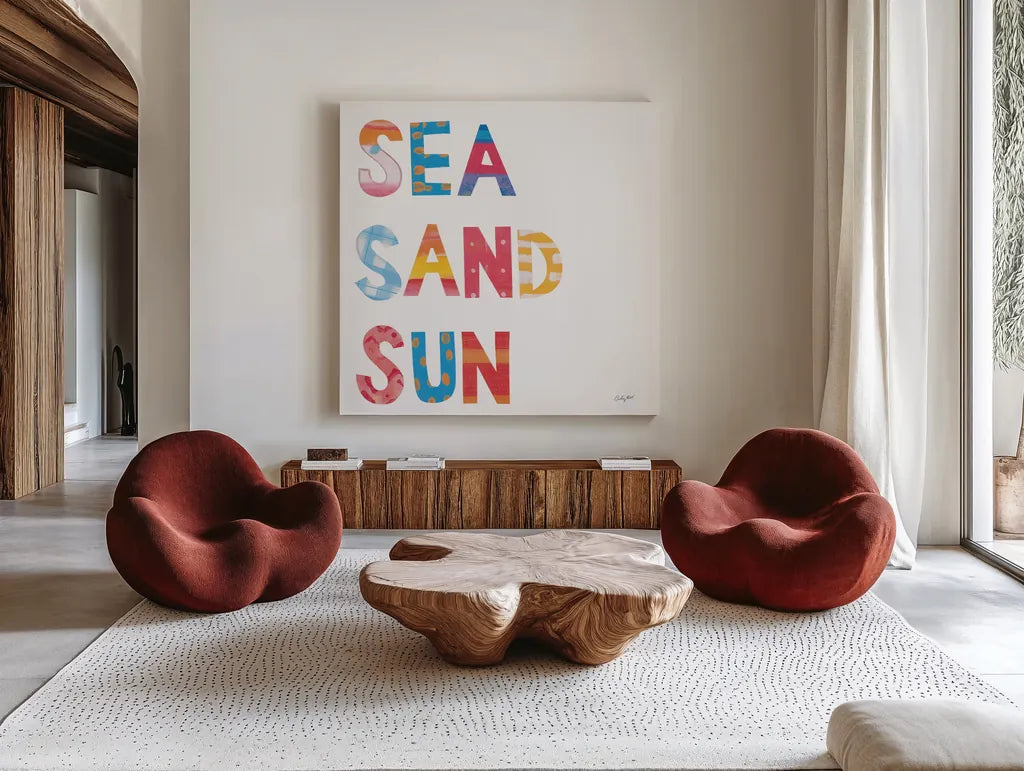 Sea Sand Sun IV by Courtney Prahl. Shown as extra-large giant wall art in a modern living room. Available as an archival giclee rolled canvas, fine art paper, or poster print. SKU 58955a.