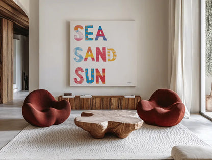 Sea Sand Sun IV by Courtney Prahl. Shown as extra-large giant wall art in a modern living room. Available as an archival giclee rolled canvas, fine art paper, or poster print. SKU 58955a.