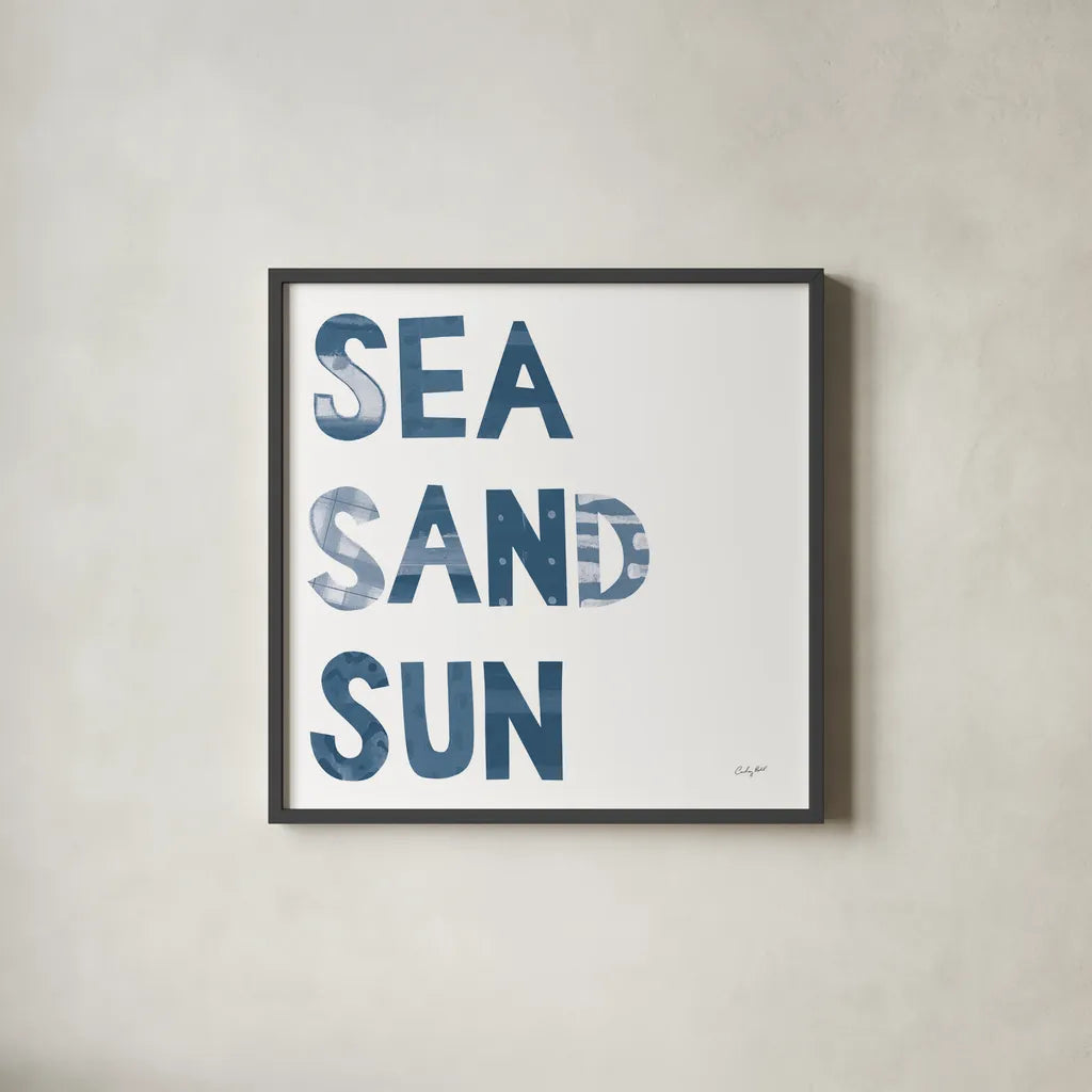 Sea Sand Sun IV by Courtney Prahl. Shown in a sleek black glass frame for a contemporary gallery look. Available as an archival giclee rolled canvas, fine art paper, or poster print. SKU 75512a.