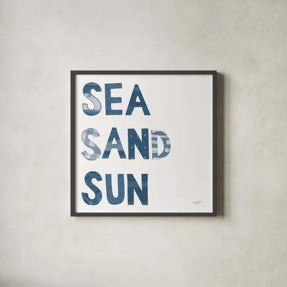 Sea Sand Sun IV by Courtney Prahl. Shown in a sleek black glass frame for a contemporary gallery look. Available as an archival giclee rolled canvas, fine art paper, or poster print. SKU 75512a.