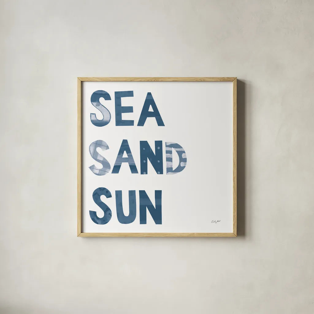 Sea Sand Sun IV by Courtney Prahl. Shown in a natural wood glass frame for a timeless modern aesthetic. Available as an archival giclee rolled canvas, fine art paper, or poster print. SKU 75512a.
