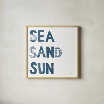 Sea Sand Sun IV by Courtney Prahl. Shown in a natural wood glass frame for a timeless modern aesthetic. Available as an archival giclee rolled canvas, fine art paper, or poster print. SKU 75512a.