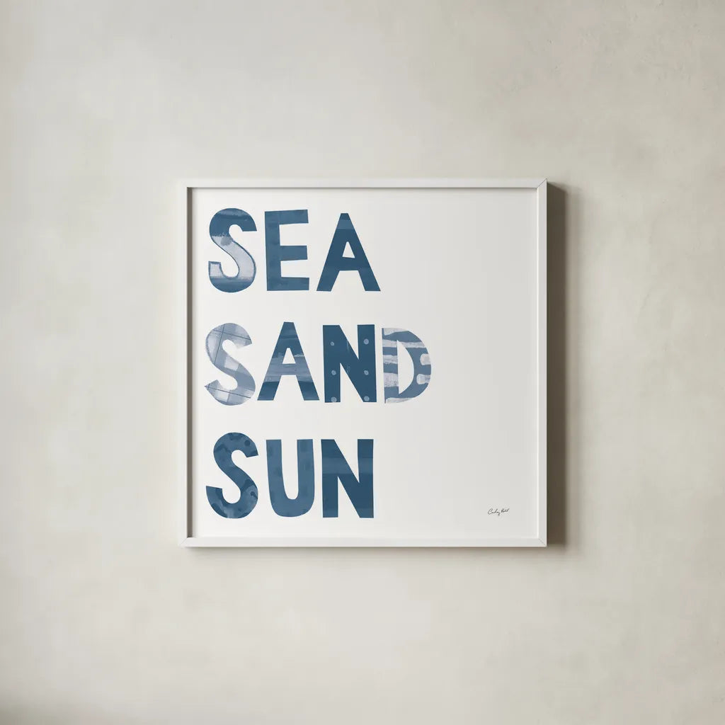 Sea Sand Sun IV by Courtney Prahl. Shown in a crisp white glass frame for a clean and minimalist style. Available as an archival giclee rolled canvas, fine art paper, or poster print. SKU 75512a.