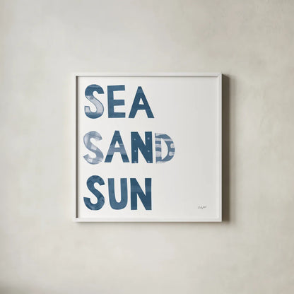 Sea Sand Sun IV by Courtney Prahl. Shown in a crisp white glass frame for a clean and minimalist style. Available as an archival giclee rolled canvas, fine art paper, or poster print. SKU 75512a.