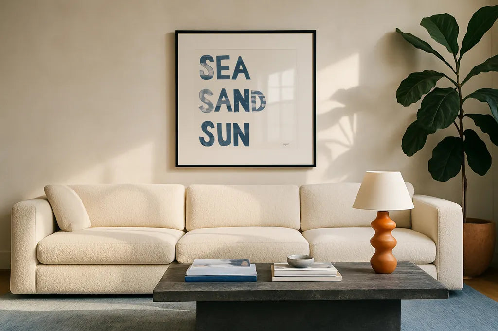 Sea Sand Sun IV by Courtney Prahl. Displayed in a glass frame with matte in a clean modern living room. Available as an archival giclee rolled canvas, fine art paper, or poster print. SKU 75512a.