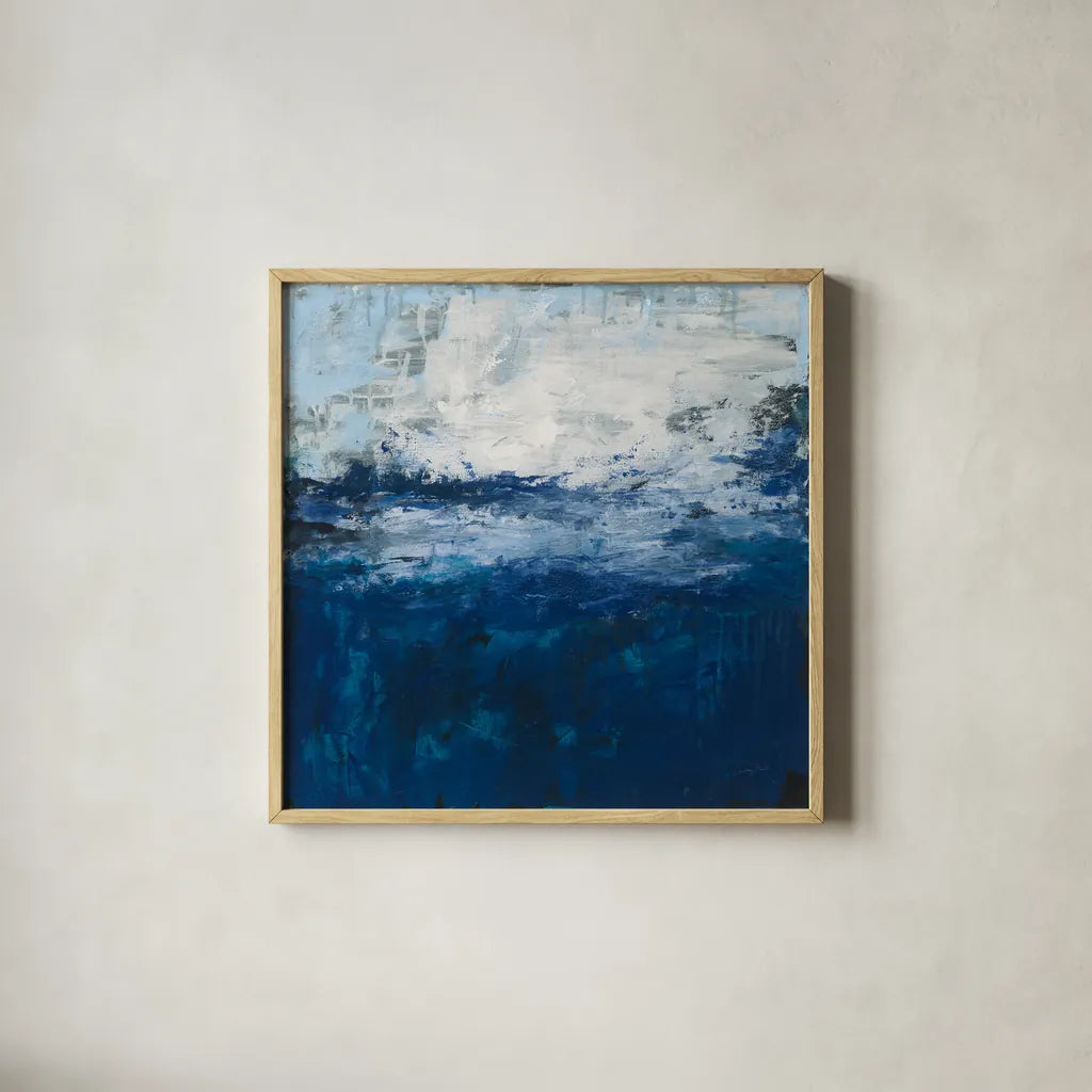 Seaside Escape I by Courtney Prahl. Shown in a natural wood glass frame for a timeless modern aesthetic. Available as an archival giclee rolled canvas, fine art paper, or poster print. SKU 61963a.