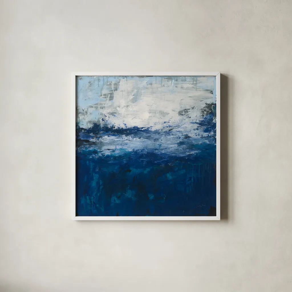 Seaside Escape I by Courtney Prahl. Shown in a crisp white glass frame for a clean and minimalist style. Available as an archival giclee rolled canvas, fine art paper, or poster print. SKU 61963a.