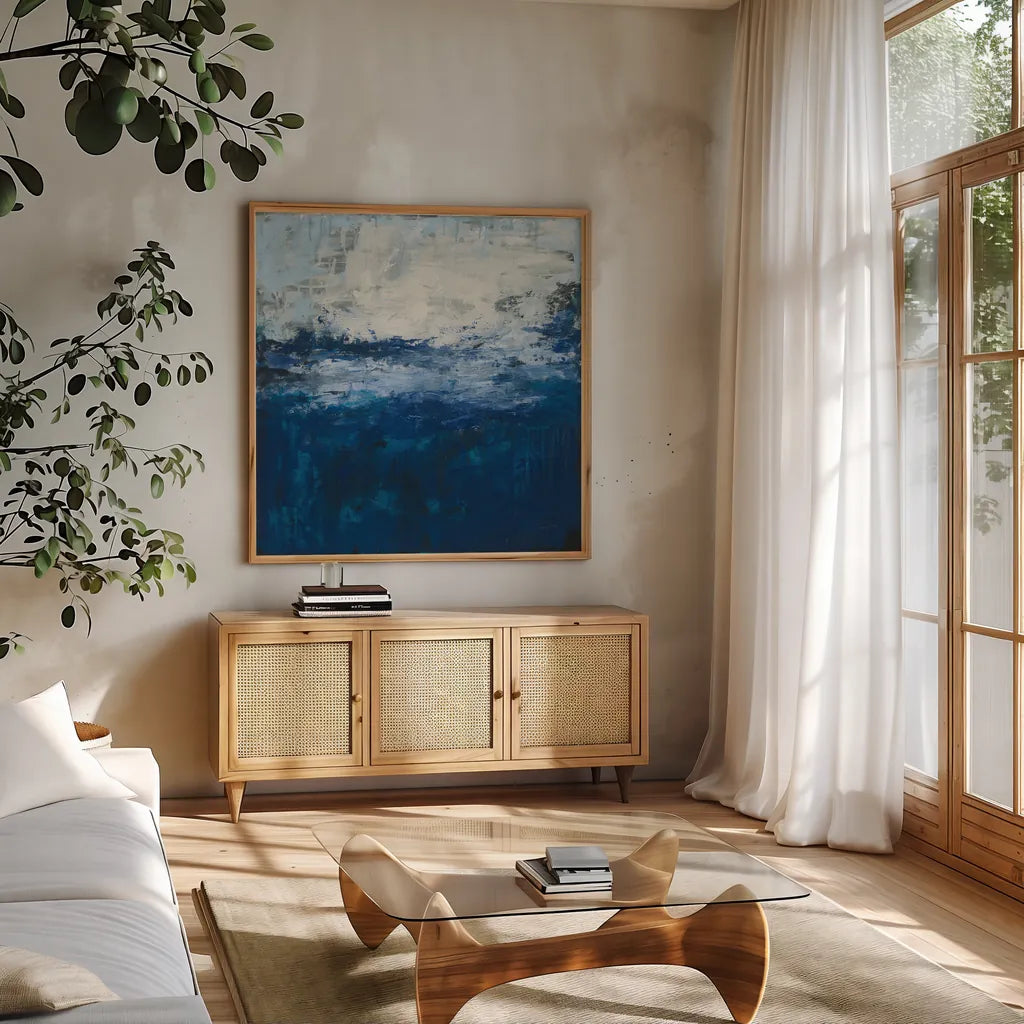 Seaside Escape I by Courtney Prahl. Shown in a natural wood frame in a cozy modern living room. Available as an archival giclee rolled canvas, fine art paper, or poster print. SKU 61963a.