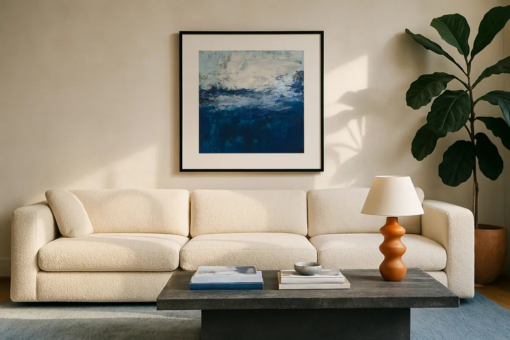Seaside Escape I by Courtney Prahl. Displayed in a glass frame with matte in a clean modern living room. Available as an archival giclee rolled canvas, fine art paper, or poster print. SKU 61963a.