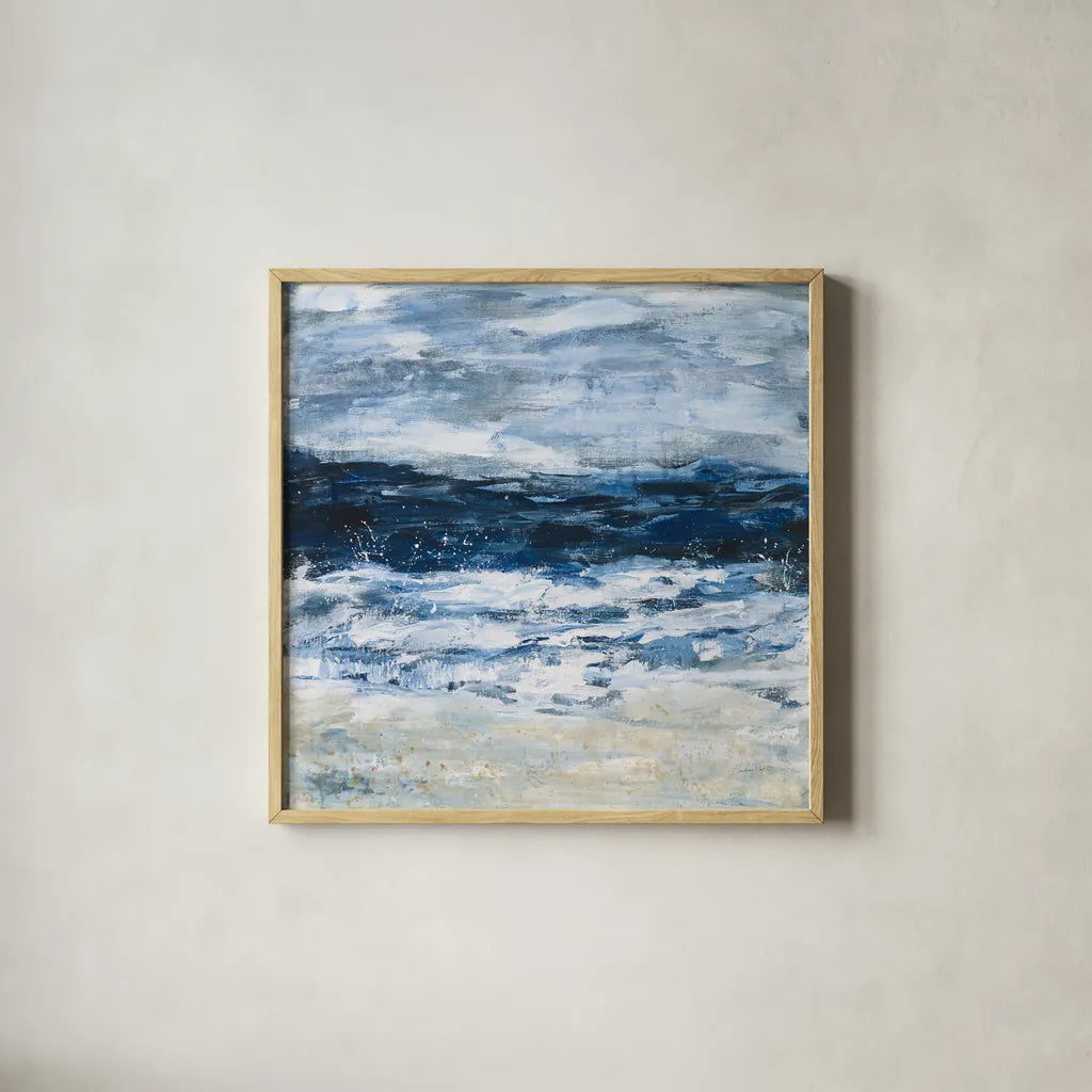 Seaside Escape II by Courtney Prahl. Shown in a natural wood glass frame for a timeless modern aesthetic. Available as an archival giclee rolled canvas, fine art paper, or poster print. SKU 61964a.
