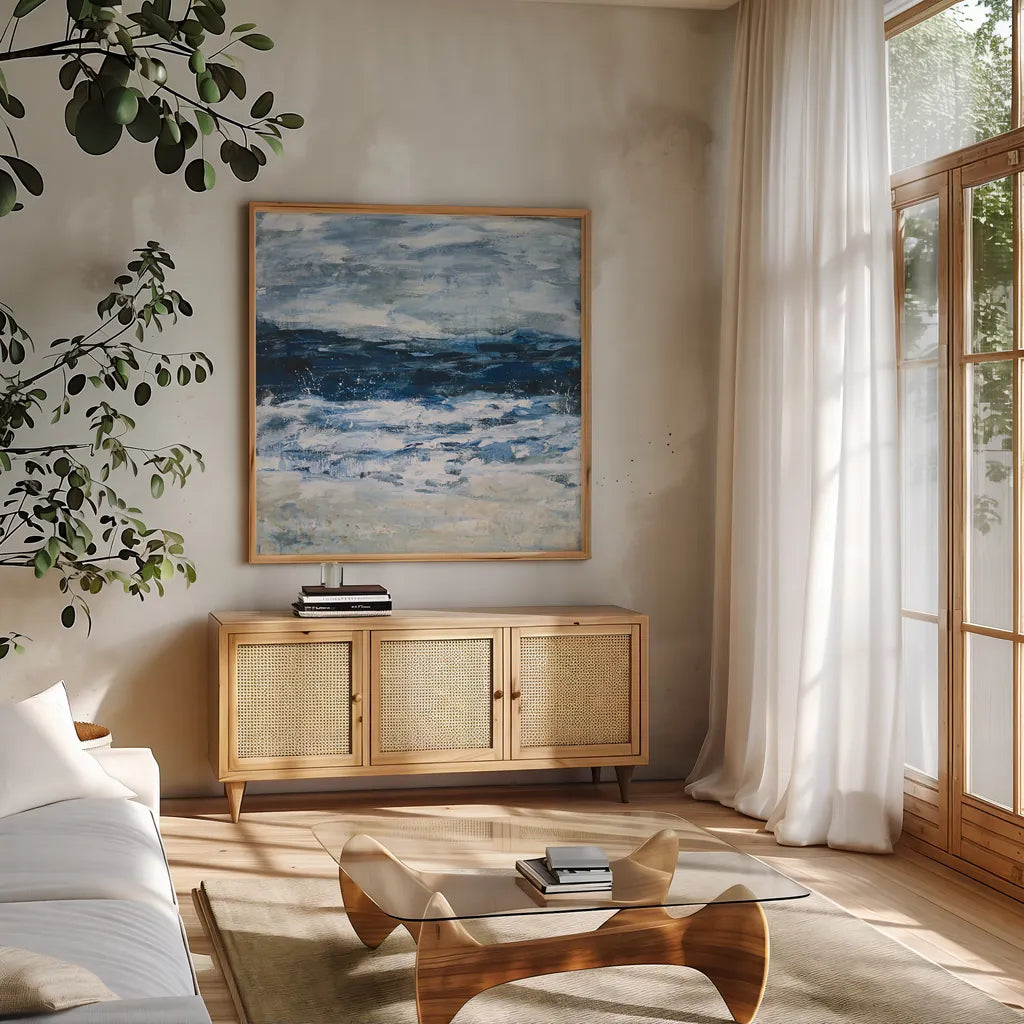 Seaside Escape II by Courtney Prahl. Shown in a natural wood frame in a cozy modern living room. Available as an archival giclee rolled canvas, fine art paper, or poster print. SKU 61964a.